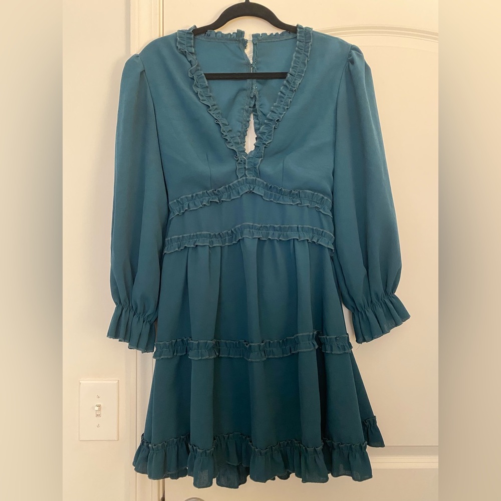 Women’s Teal Backless Deep V Neck Ruffle Dress Size S